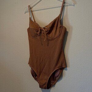 Time and Tru Brown Waffle Mesh Corset One‎ Piece Swimsuit Underwire